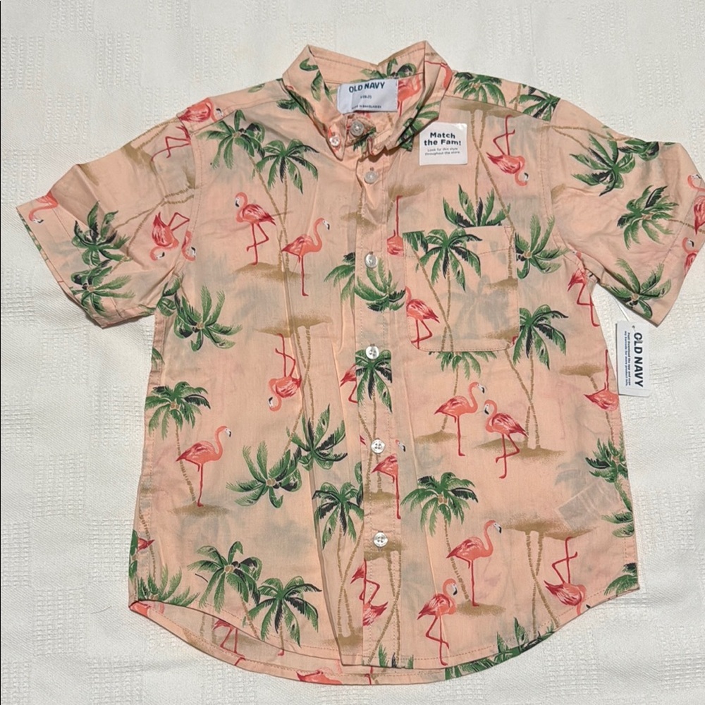 Old Navy Pink Button Down Shirt with Tropical Flamingo Print